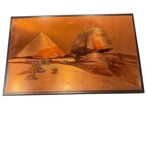 Vintage Egyptian Pyramid Sphinx Copper Color Art Etched Metal scratched Patinaed